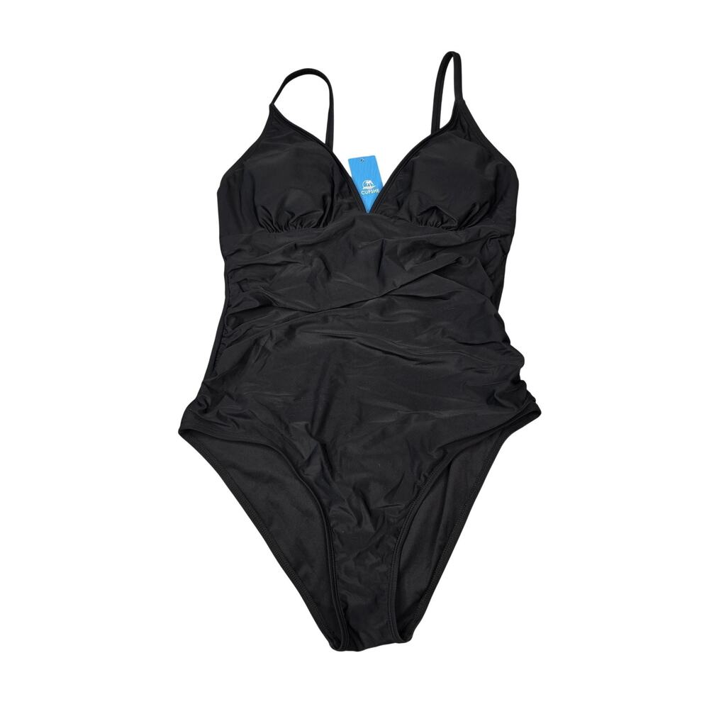 Swimsuit Womens Large Black One Piece Triangle Spaghetti‎ Strap Ruched Lined NEW
